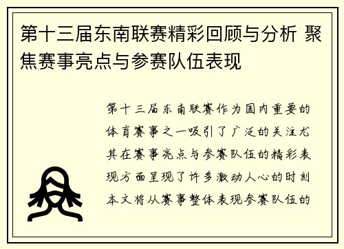第十三届东南联赛精彩回顾与分析 聚焦赛事亮点与参赛队伍表现