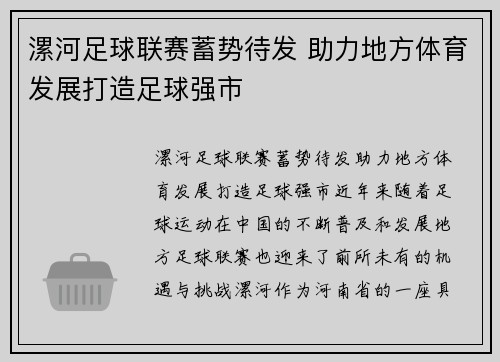 漯河足球联赛蓄势待发 助力地方体育发展打造足球强市